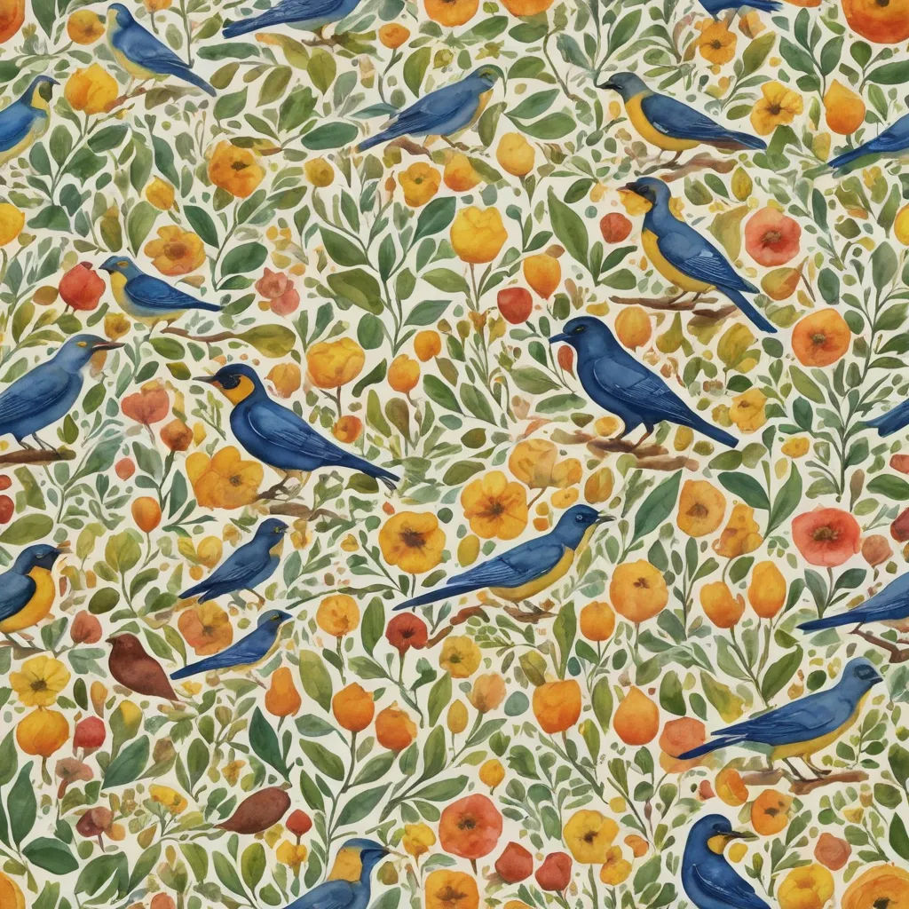 a painting of birds and flowers on a white background with oranges and green leaves and berries in the background, arts and crafts movement, a detailed painting, Annabel Kidston, birds
