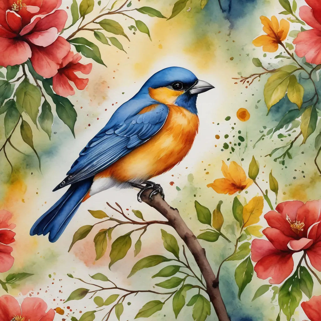 a painting of a blue bird sitting on a branch with flowers and leaves around it on a white background, cloisonnism, a watercolor painting, Carol Sutton, in gouache detailed paintings