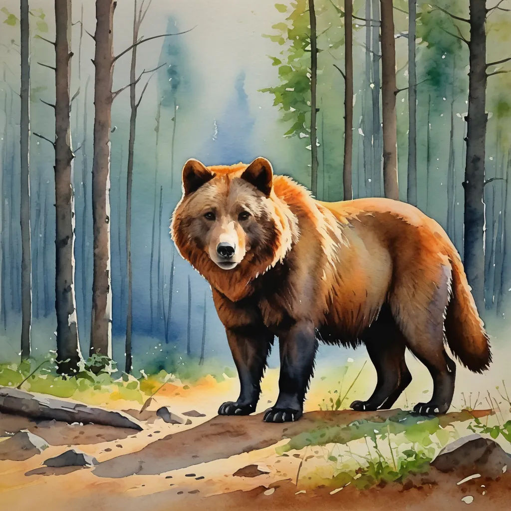 a painting of a bear in a forest with rocks and trees in the background and a blue sky in the background, modern european ink painting, a watercolor painting, Brom, watercolor