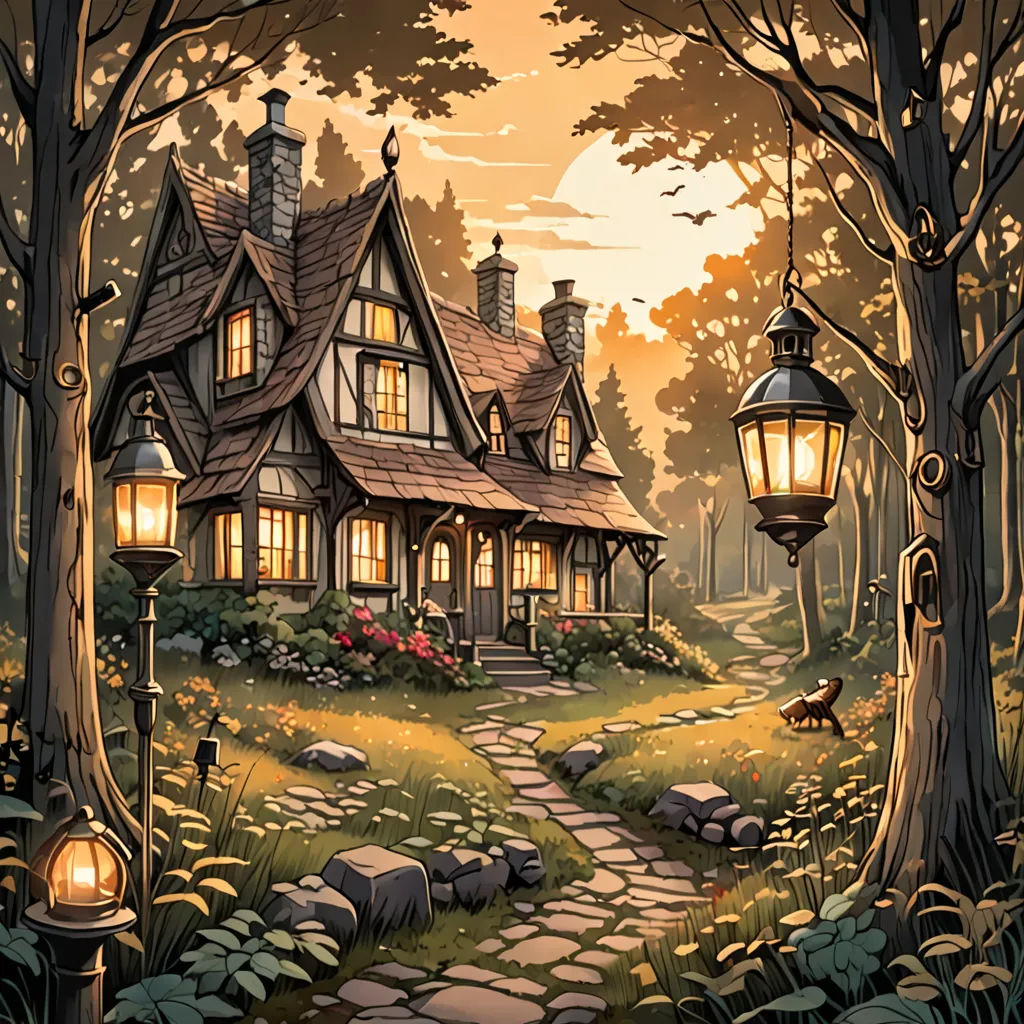 a painting of a house in the woods with a pathway leading to it and a lantern hanging from the ceiling, fantasy art, a storybook illustration, Dan Mumford, kinkade