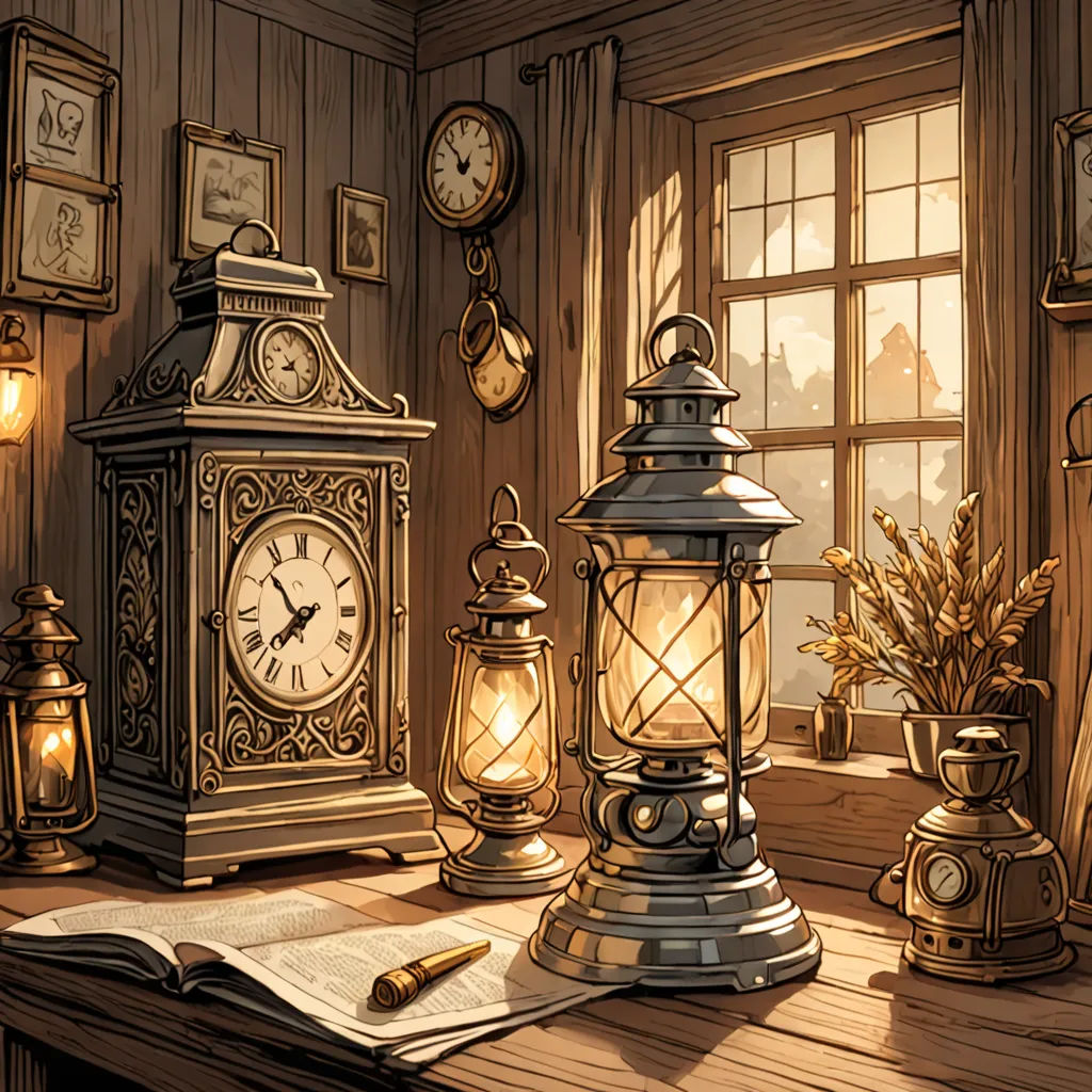 a desk with a lamp, a clock, a book and a pen on it with a window in the background, fantasy art, a storybook illustration, Evgeny Lushpin, storybook illustration