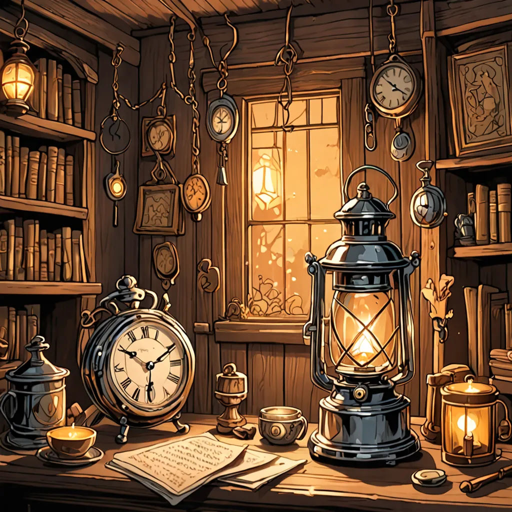 a desk with a lamp, books, a clock and a bookcase full of books in a room, fantasy art, a storybook illustration, Evgeny Lushpin, storybook illustration