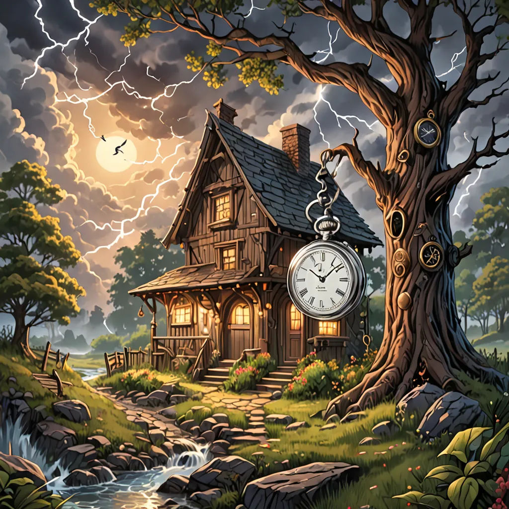 a painting of a house with a clock hanging from it's front door and a tree in front of it, fantasy art, a storybook illustration, Chris LaBrooy, storybook illustration