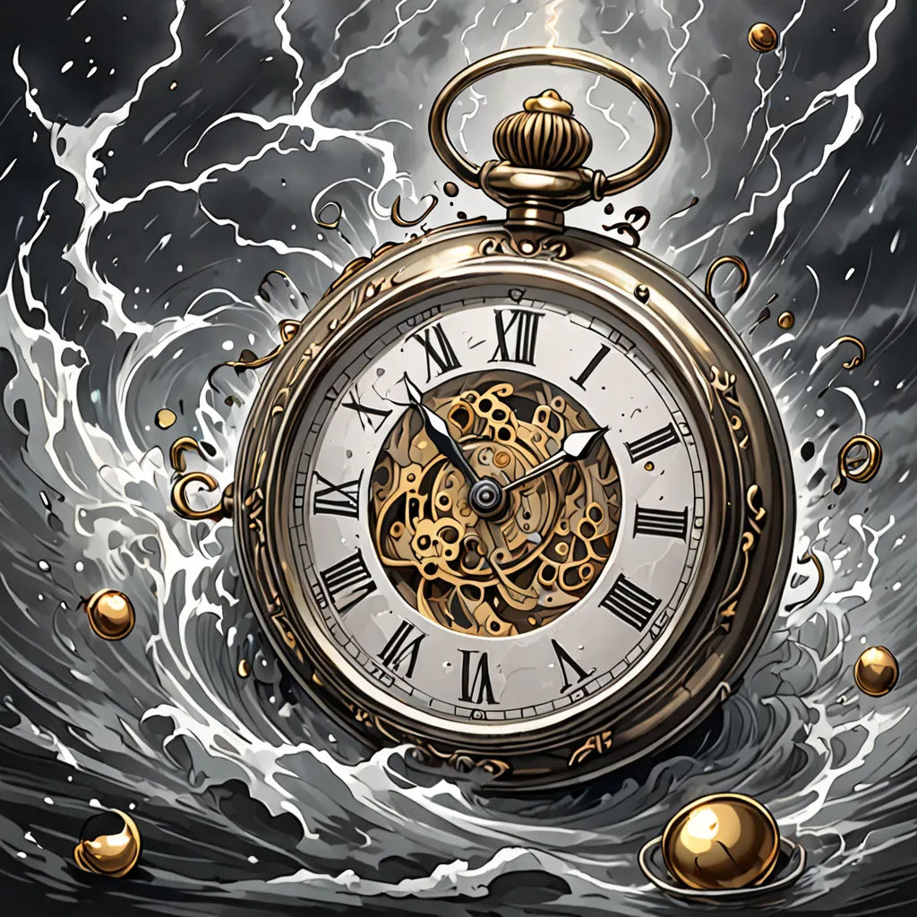 a clock with a mechanical mechanism in the middle of a storm with gold balls around it and a black background, fantasy art, a detailed painting, Cyril Rolando, highly detailed digital art