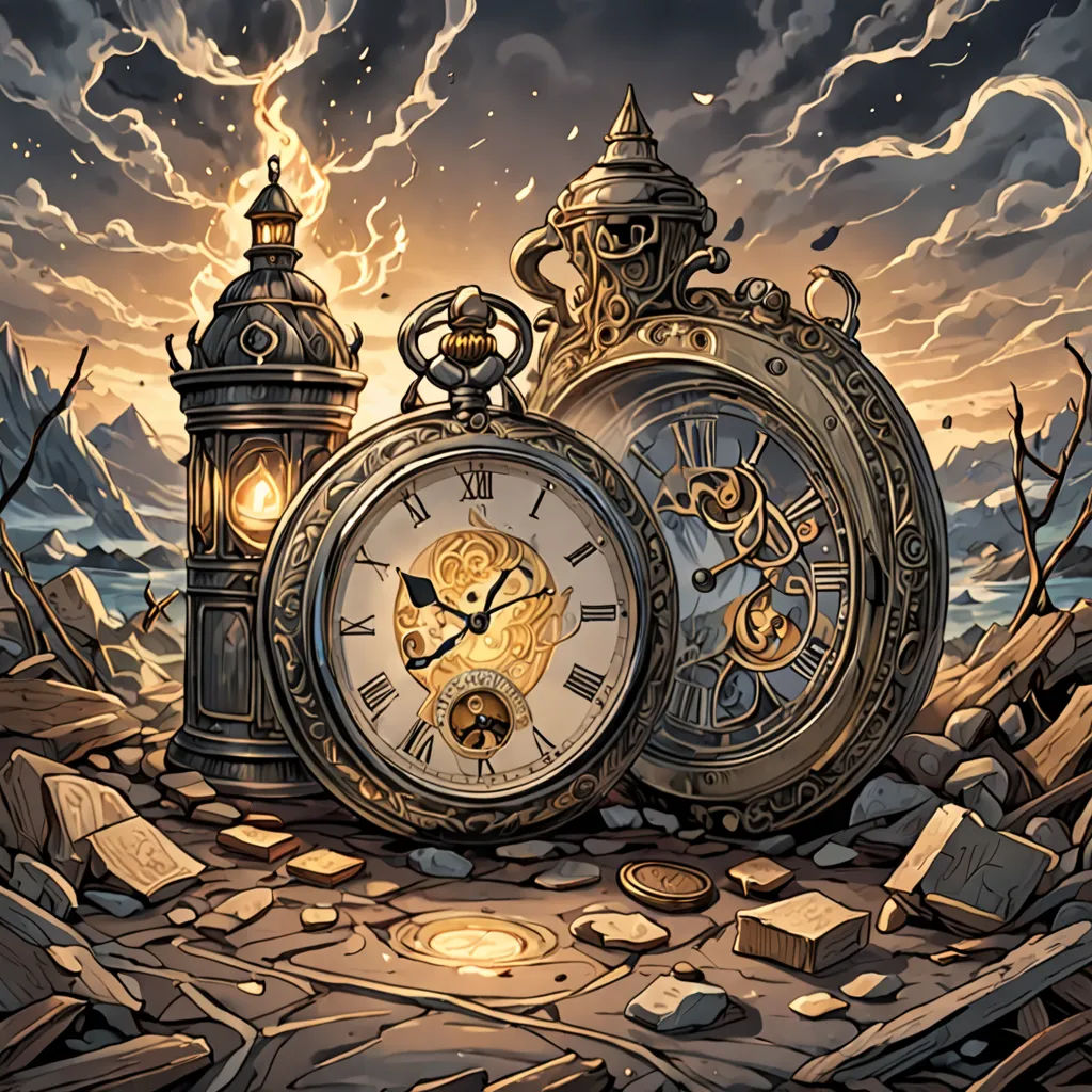 a painting of a clock and a lantern on a rocky ground with a cloudy sky in the background and a few rocks and rocks, fantasy art, a detailed painting, Cyril Rolando, steampunk