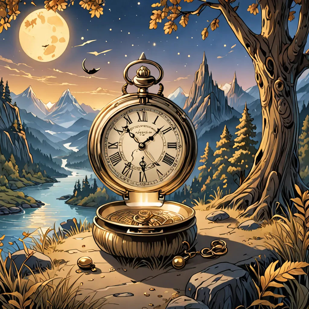 a painting of a clock sitting on a rock near a lake and a tree with a full moon in the background, fantasy art, a storybook illustration, Dan Mumford, highly detailed digital painting