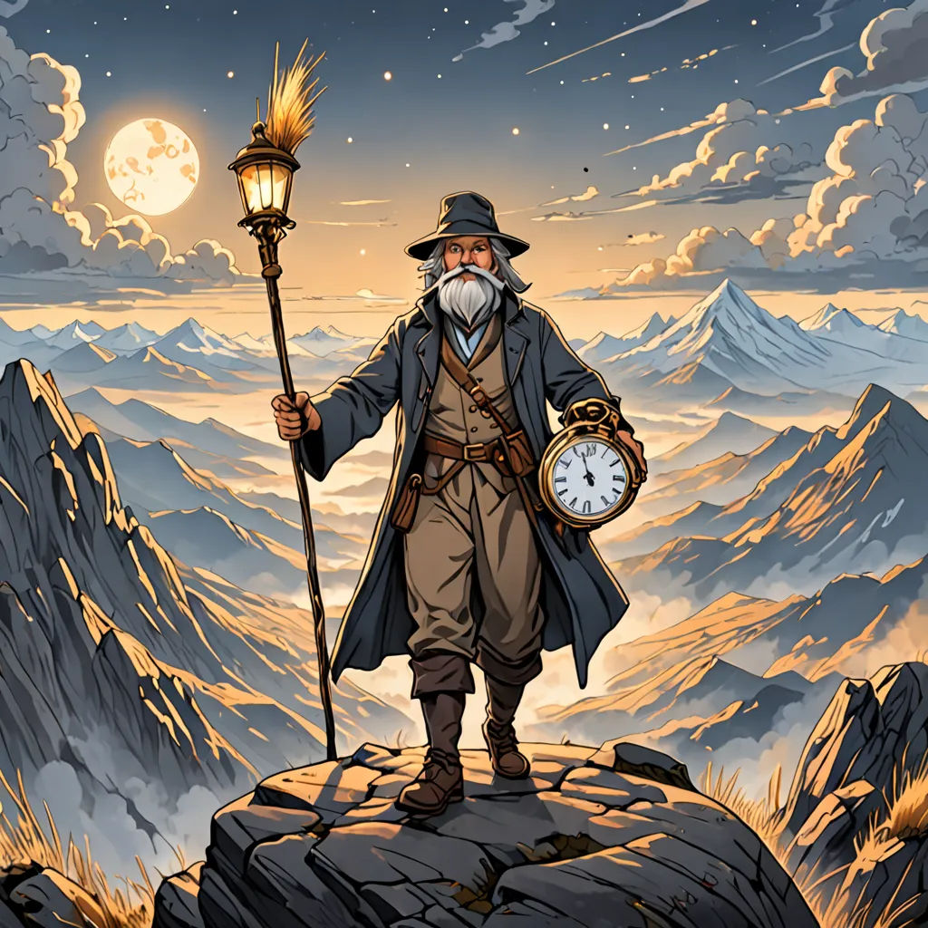 a man with a long beard and a long beard holding a clock on top of a mountain with a full moon in the background, fantasy art, a storybook illustration, Dan Mumford, fantasy artwork