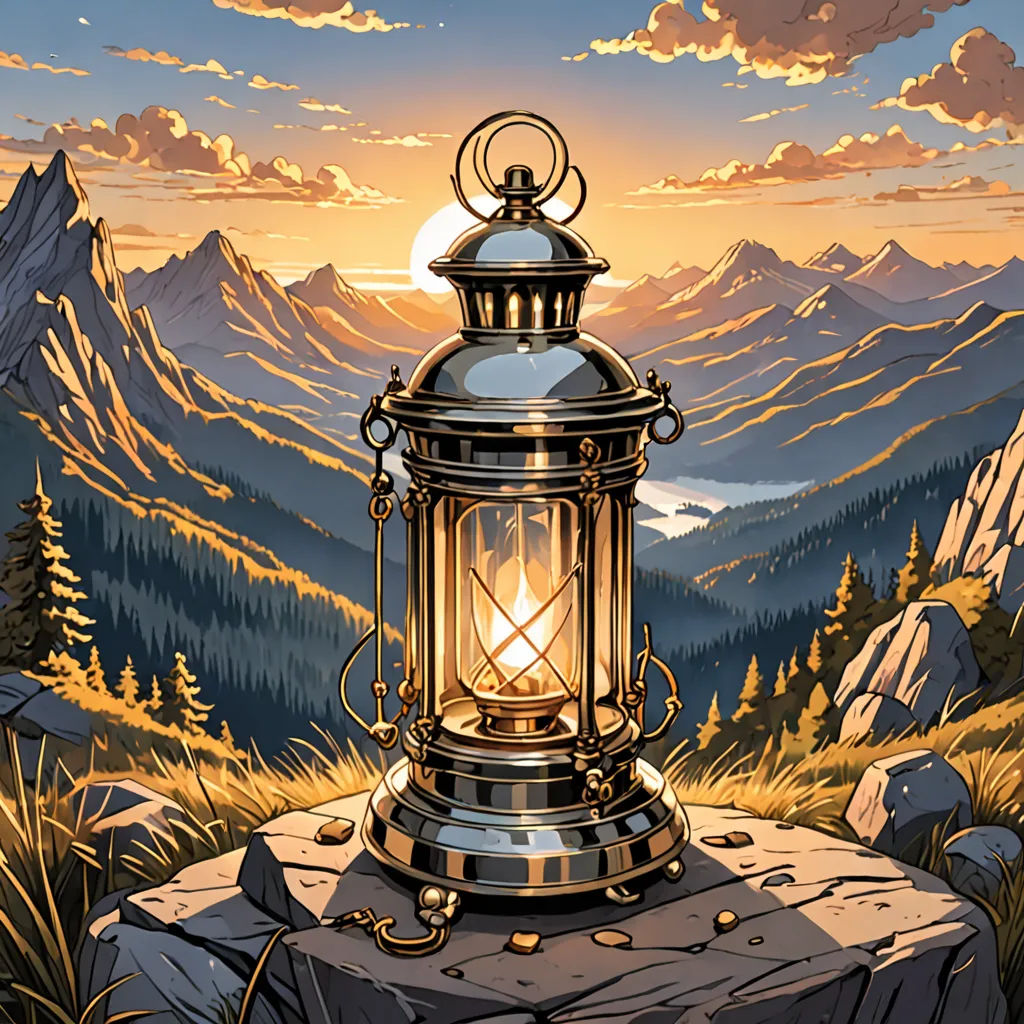 a lantern is sitting on a rock in the mountains at sunset with a view of the mountains and the sky, fantasy art, a comic book panel, Dan Mumford, dan mumford. octane render