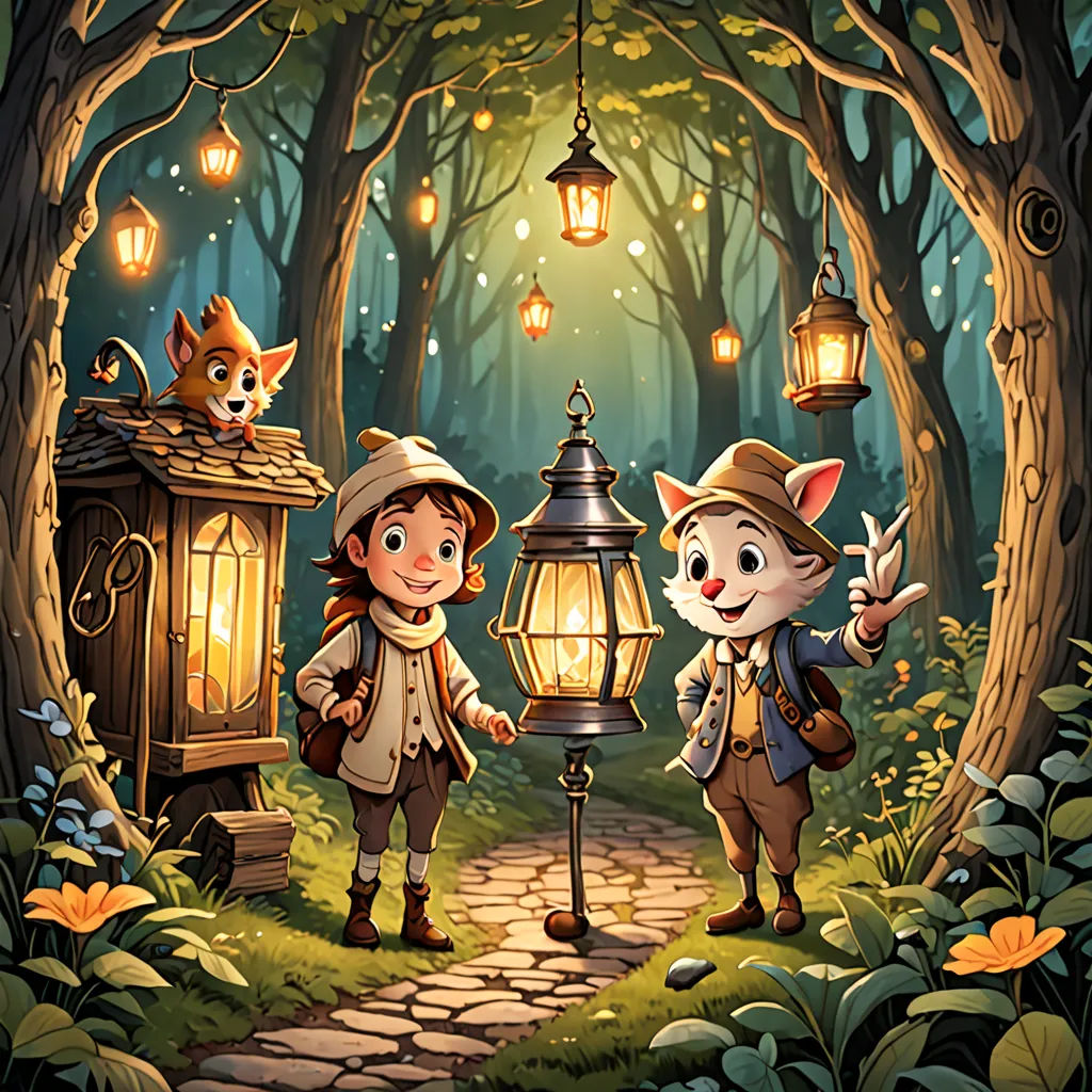 a couple of people standing next to a lamp in a forest with a cat on top of it and a cat on the top of the lamp, fantasy art, a storybook illustration, Chris LaBrooy, rossdraws global illumination