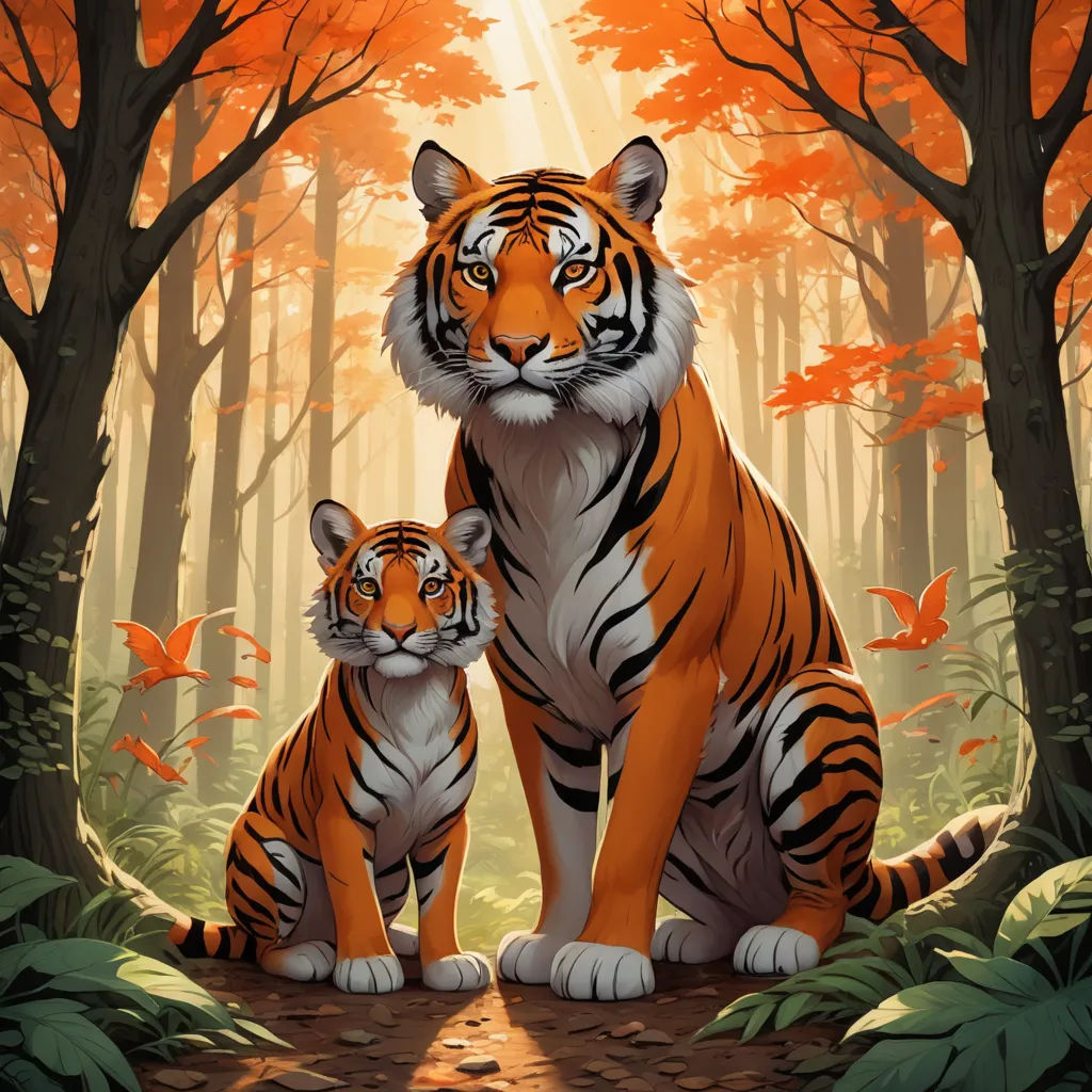 a tiger and her cub are sitting in the woods together, with the sun shining through the trees behind them, furry art, an oil painting, Dan Mumford, rossdraws global illumination