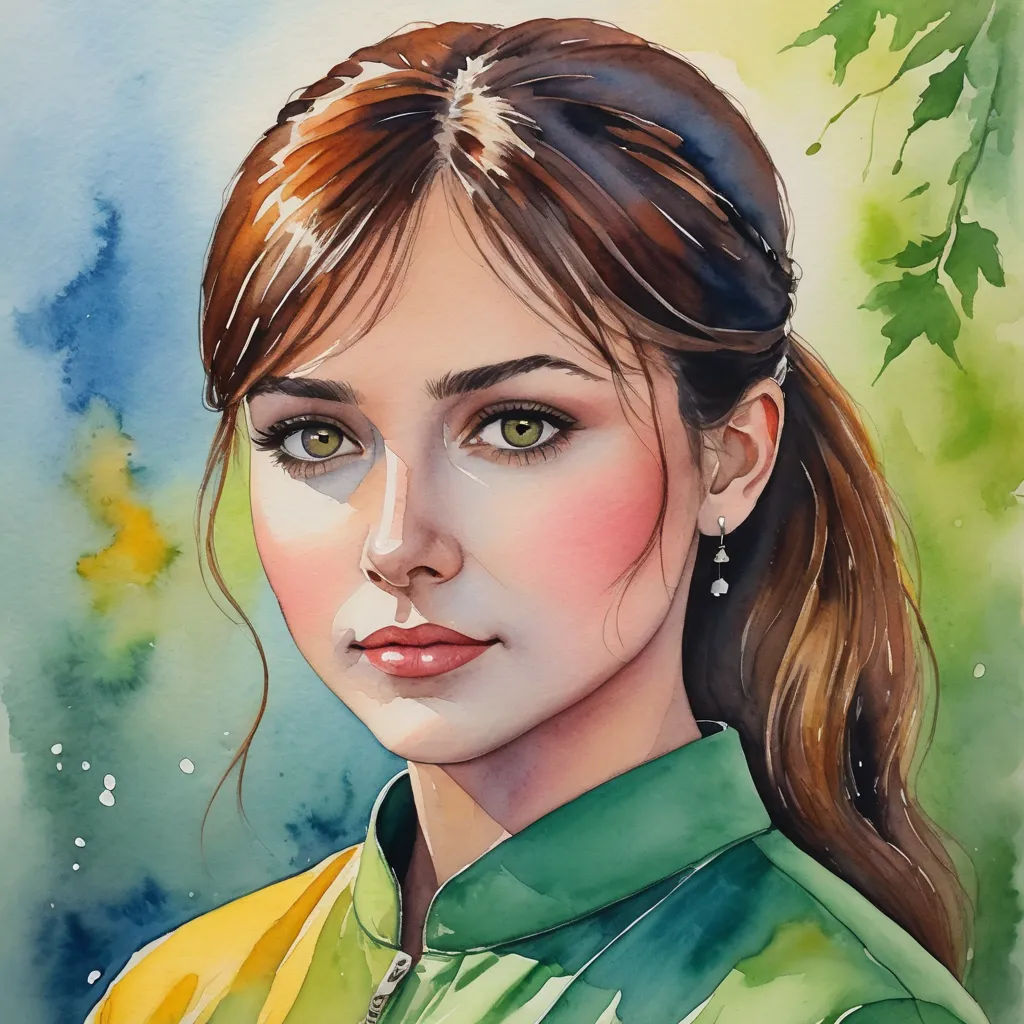 a painting of a woman with a green shirt and a green shirt on her shirt is shown in the picture, figurative art, a watercolor painting, Elina Karimova, watercolor