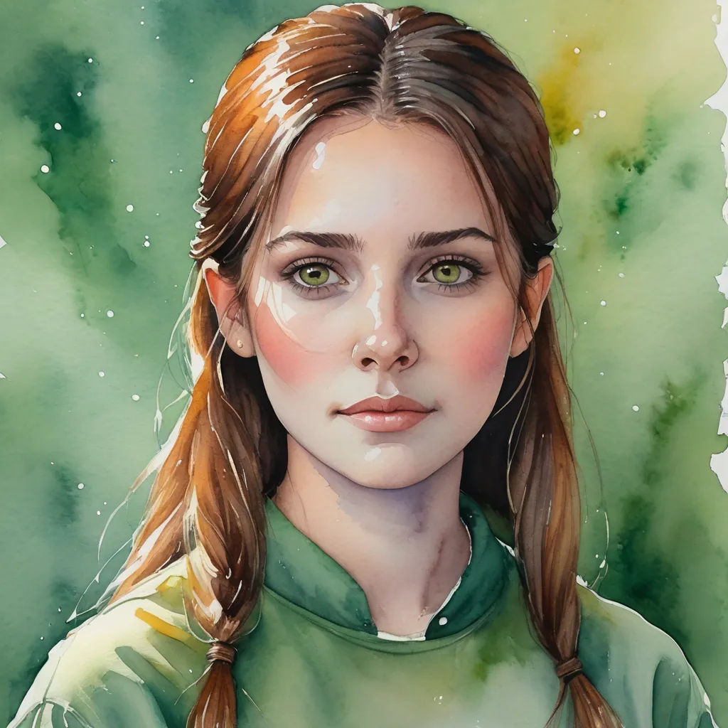a painting of a girl with long hair and green shirt on a green background with stars and clouds in the sky, figurative art, a watercolor painting, Elina Karimova, trending on art station