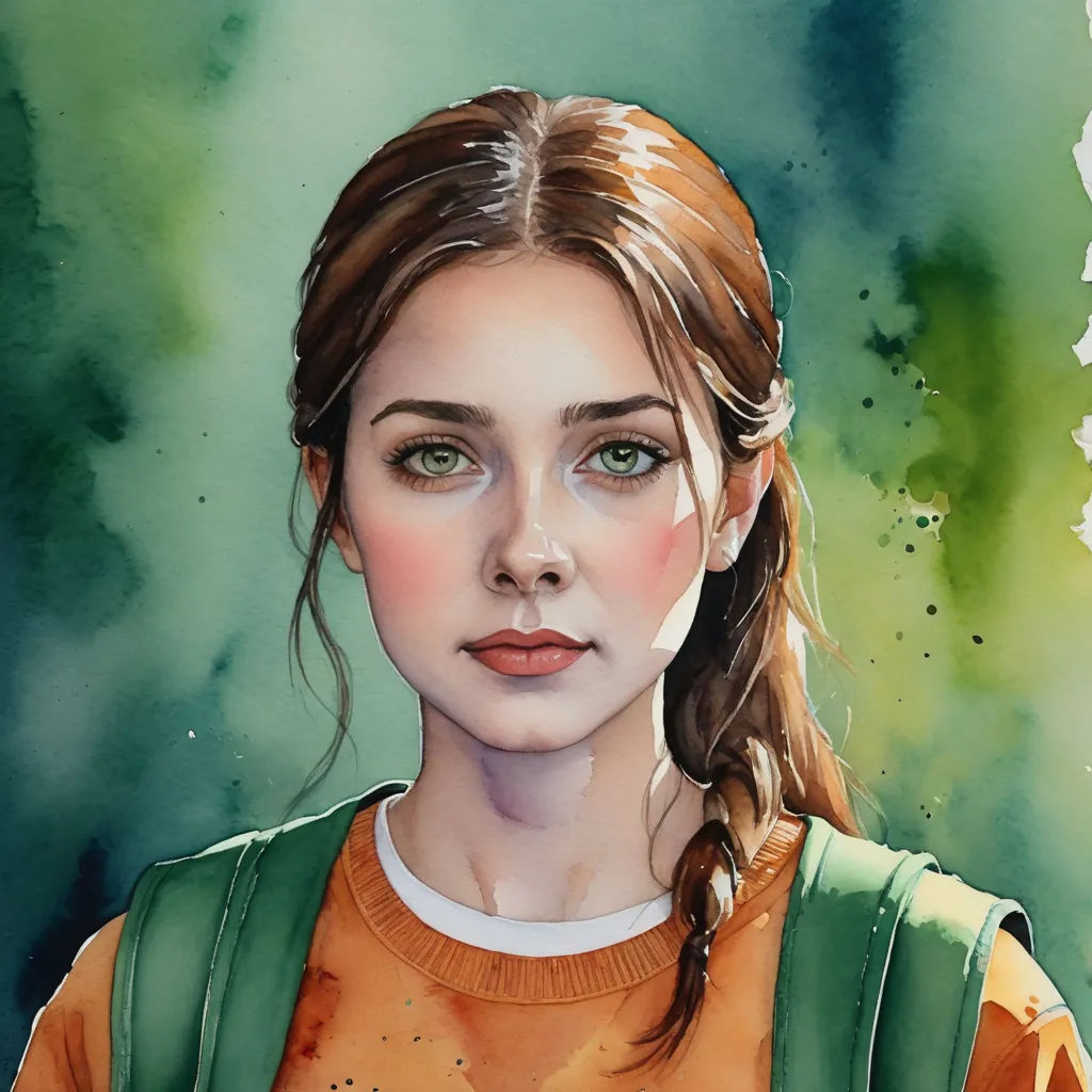 a painting of a girl with a ponytail and green eyes and a sweater on, with a green background, figurative art, a watercolor painting, Elina Karimova, stanley artgerm lau
