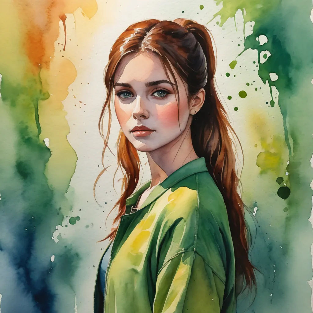 a painting of a woman with long hair and green shirt on a green background with watercolor stains and stains, figurative art, a watercolor painting, Artgerm, watercolor