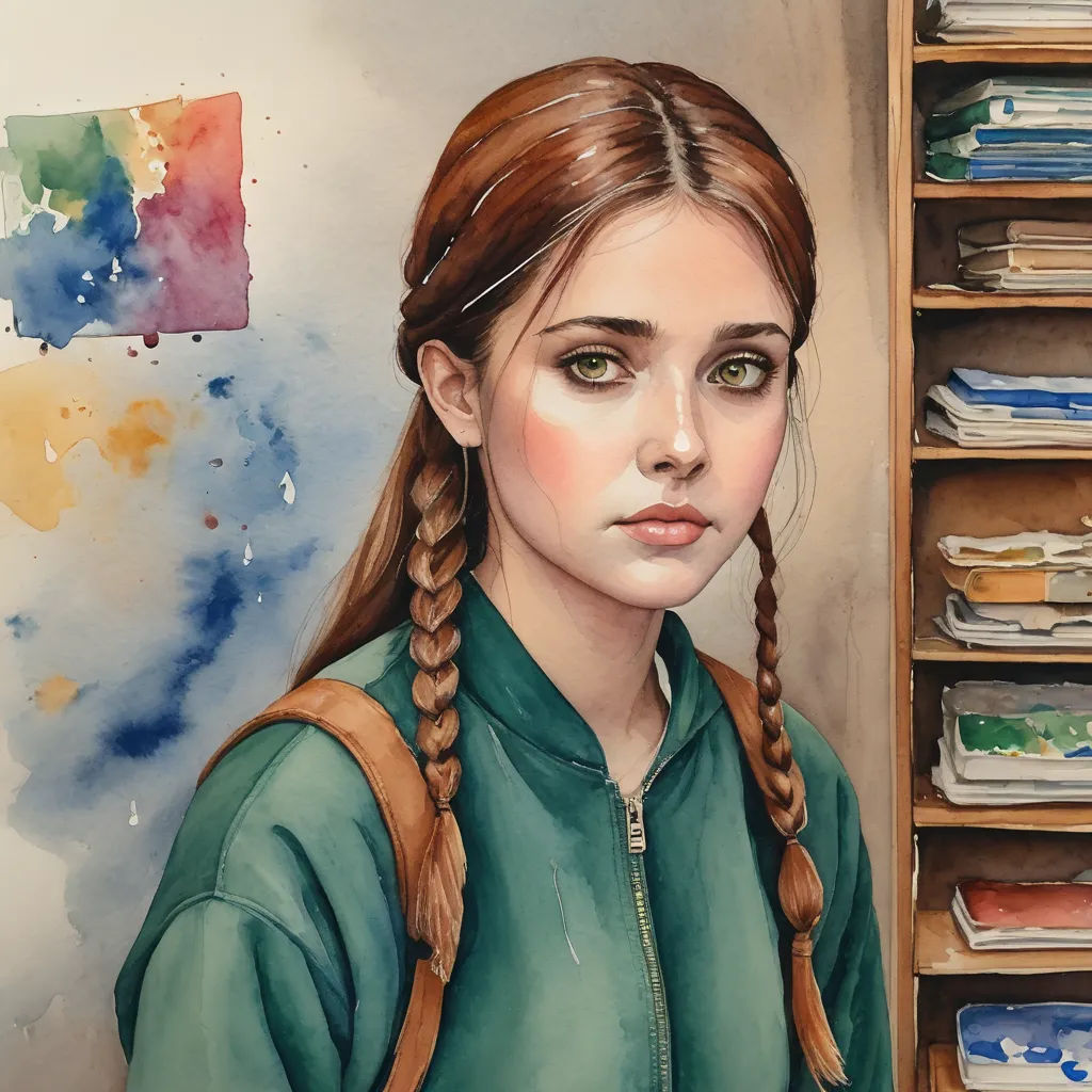 a painting of a girl with a braid in a green shirt and a bookcase behind her is a painting of a girl with a book, figurative art, a detailed painting, Esao Andrews, detailed painting