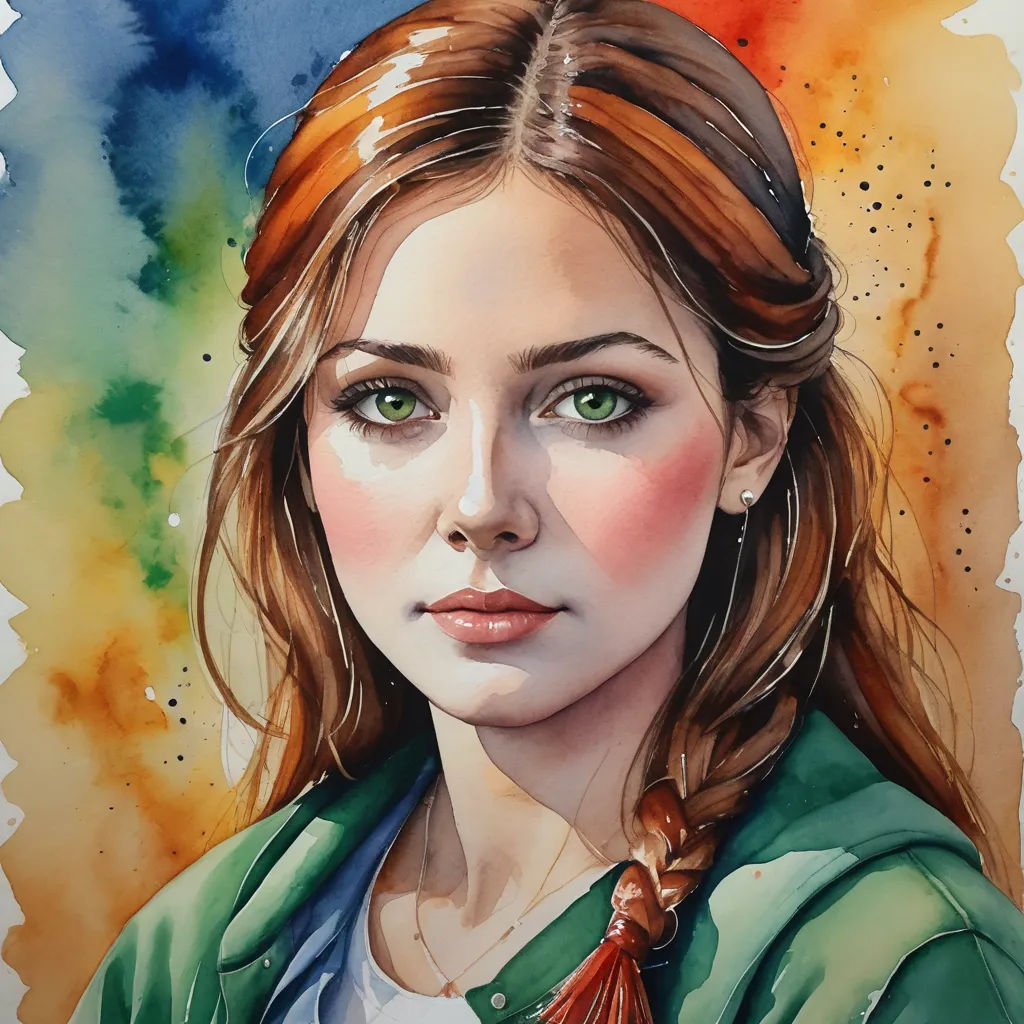 a painting of a woman with a green jacket and a red tie on her neck and green eyes and a green jacket on her head, figurative art, a watercolor painting, Elina Karimova, watercolor