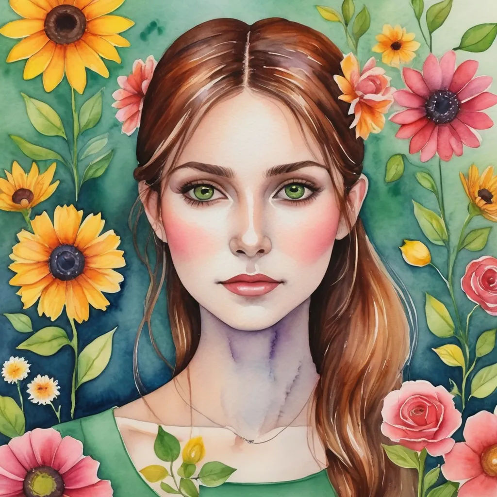 a painting of a girl surrounded by flowers and sunflowers, with a green background and a blue sky, figurative art, a watercolor painting, Claire Hummel, trending on art station