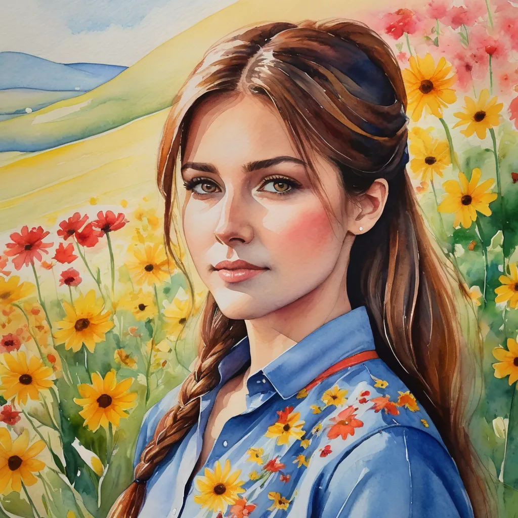 a painting of a woman in a field of flowers with a blue shirt on and a mountain in the background, figurative art, a watercolor painting, Elina Karimova, detailed painting