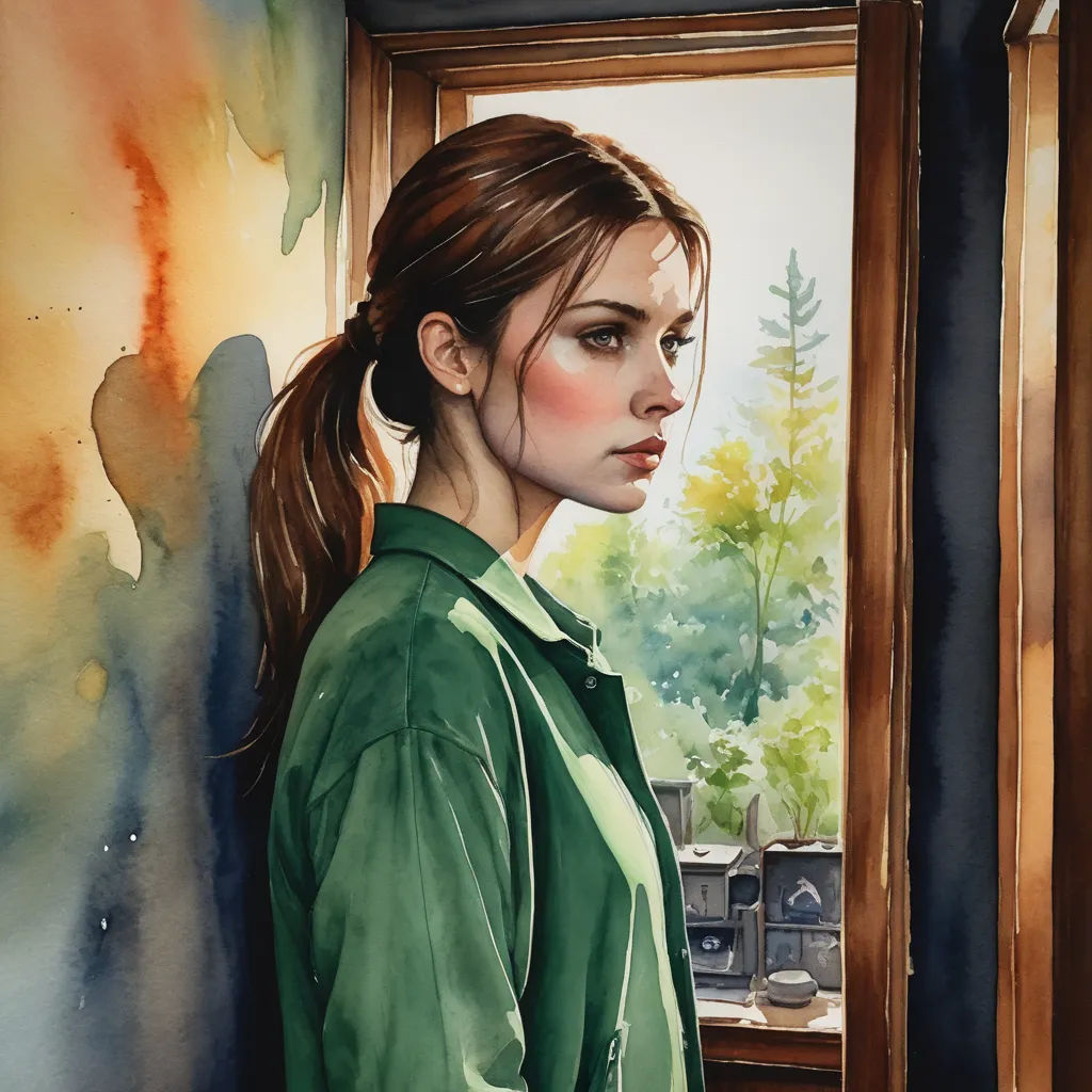 a painting of a woman looking out a window with a green shirt on and a green shirt on,, figurative art, a watercolor painting, Claire Hummel, stanley artgerm lau