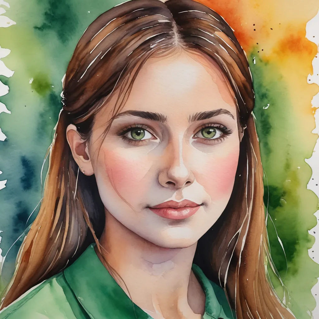 a painting of a woman with long hair and green shirt on a white background with a watercolor effect, figurative art, a watercolor painting, Elina Karimova, watercolor