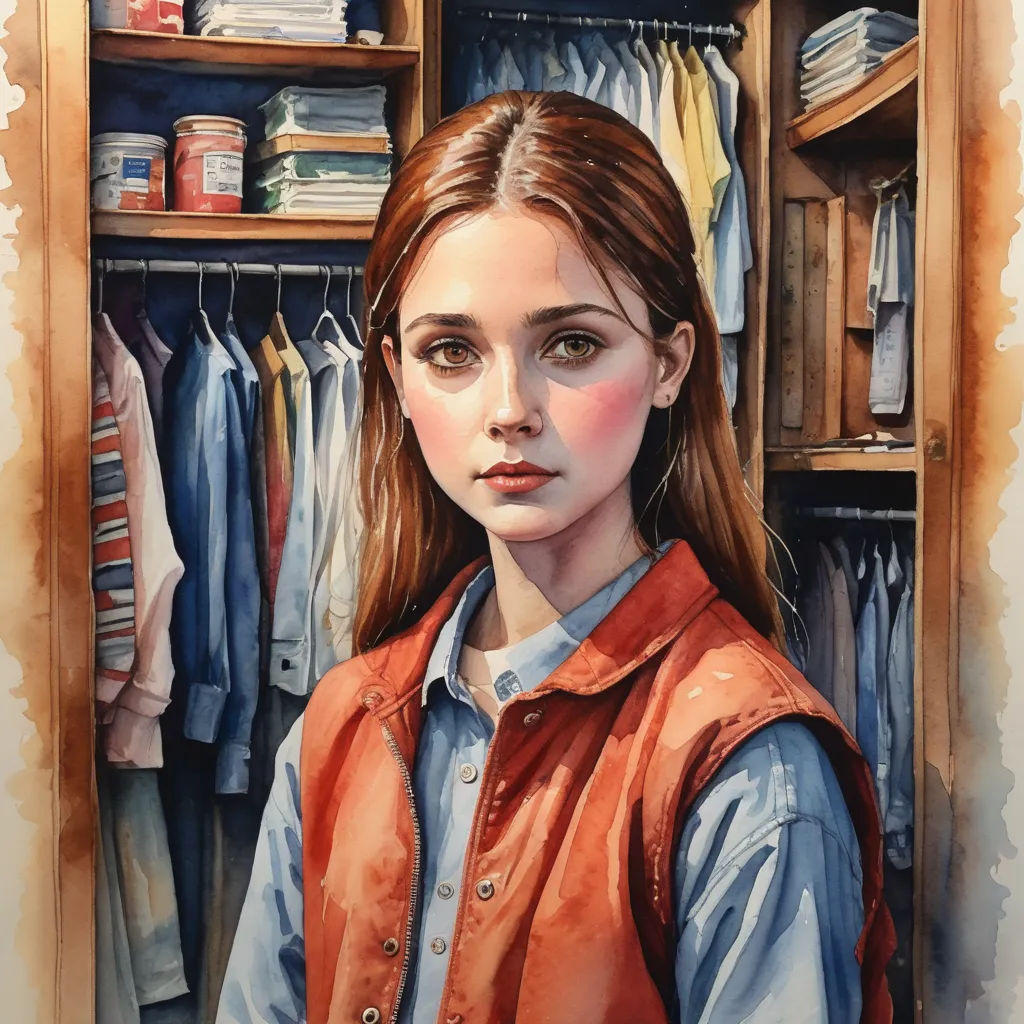 a painting of a girl in a closet with clothes on shelves and a coat rack behind her, with a red vest on, figurative art, an ultrafine detailed painting, Brigette Barrager, photorealistic portrait