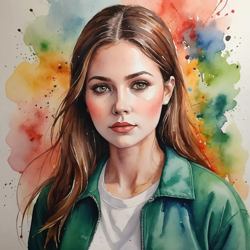 a painting of a woman with long hair and a green jacket on, with a colorful background and watercolor splashes, figurative art, a watercolor painting, Artgerm, photorealistic portrait