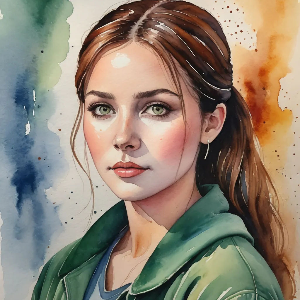 a painting of a woman with a green jacket on and a green jacket on her shoulders and a blue shirt on her shoulders, figurative art, a watercolor painting, Artgerm, watercolor