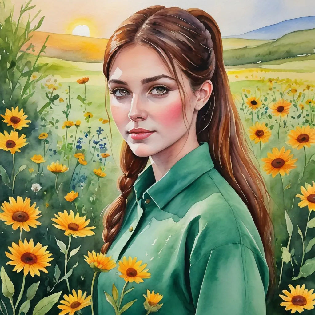 a painting of a woman in a field of sunflowers with a green shirt on and a mountain in the background, figurative art, a fine art painting, Elina Karimova, trending on art station