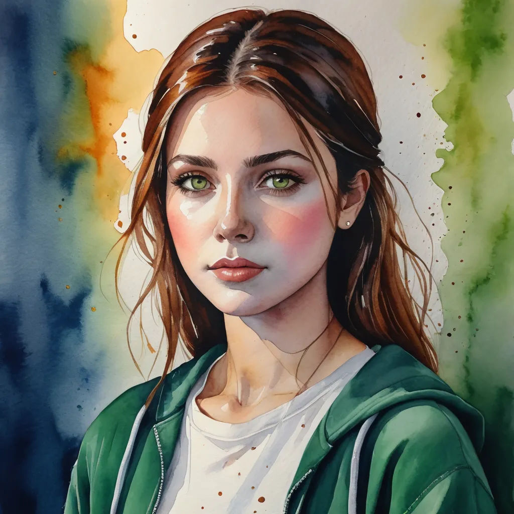 a painting of a woman with green eyes and a green jacket on, with a white shirt and green jacket, figurative art, a watercolor painting, Elina Karimova, watercolor