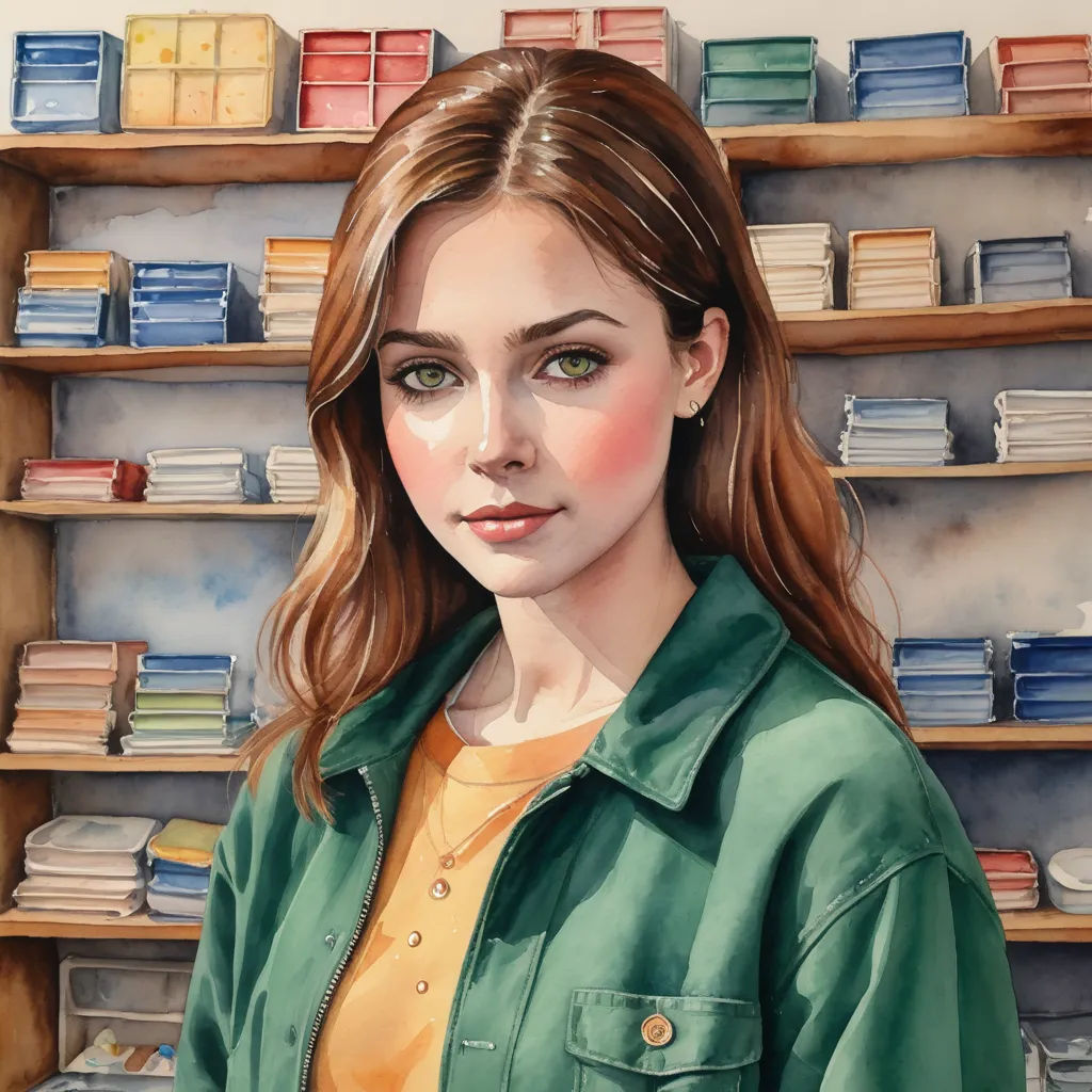 a painting of a woman standing in front of a book shelf with books on it's shelves and a green jacket on, hyperrealism, a photorealistic painting, Artgerm, detailed painting
