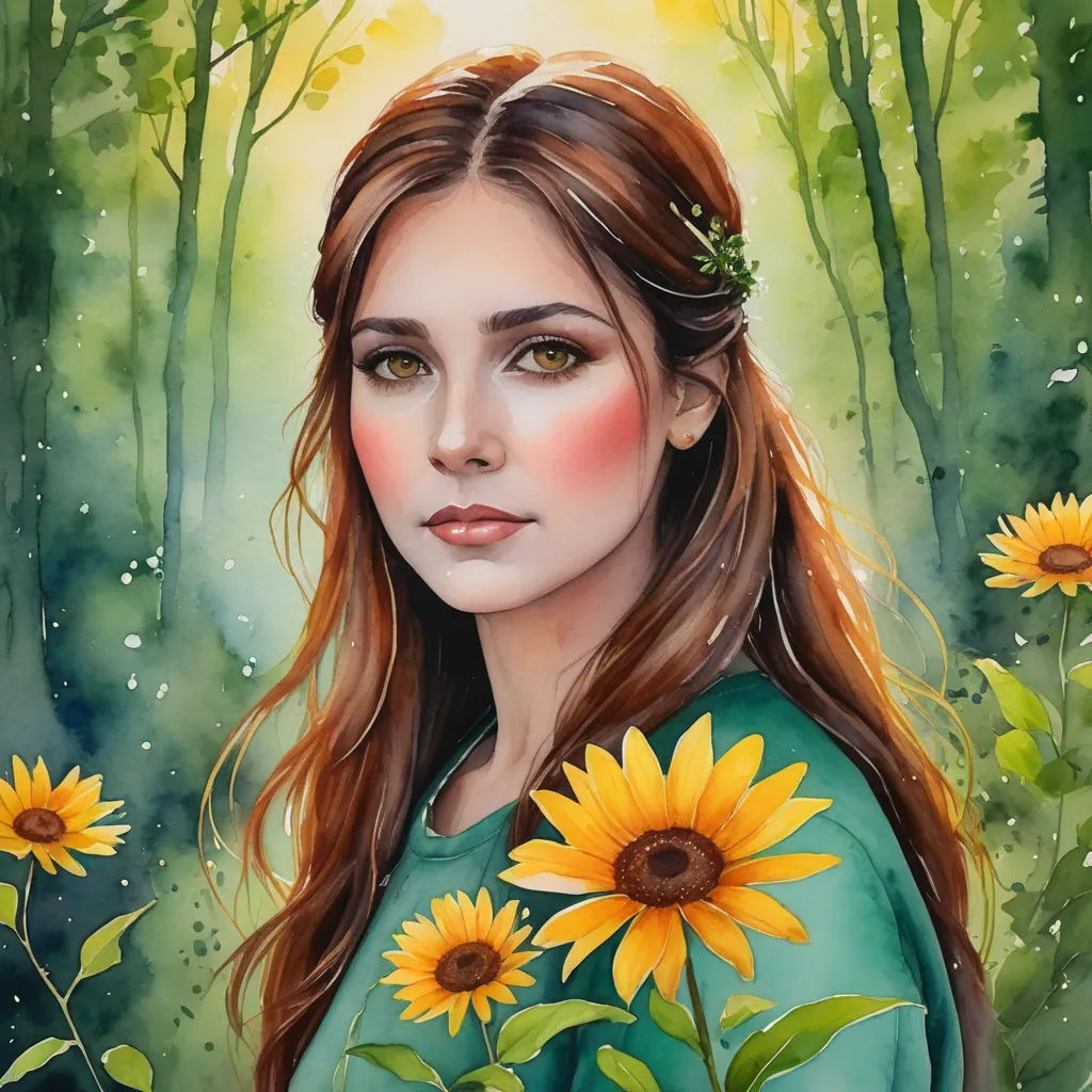 a painting of a woman with sunflowers in her hair and a green dress with a green background, fantasy art, a detailed painting, Anne Stokes, trending on art station