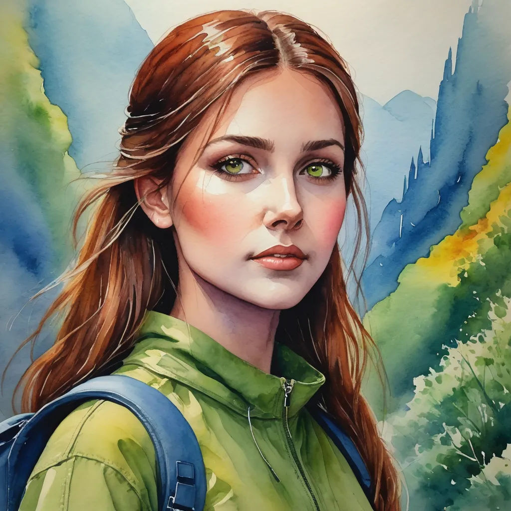 a painting of a woman with a backpack on her shoulder and a mountain in the background with trees and grass, figurative art, an airbrush painting, Elina Karimova, stanley artgerm lau