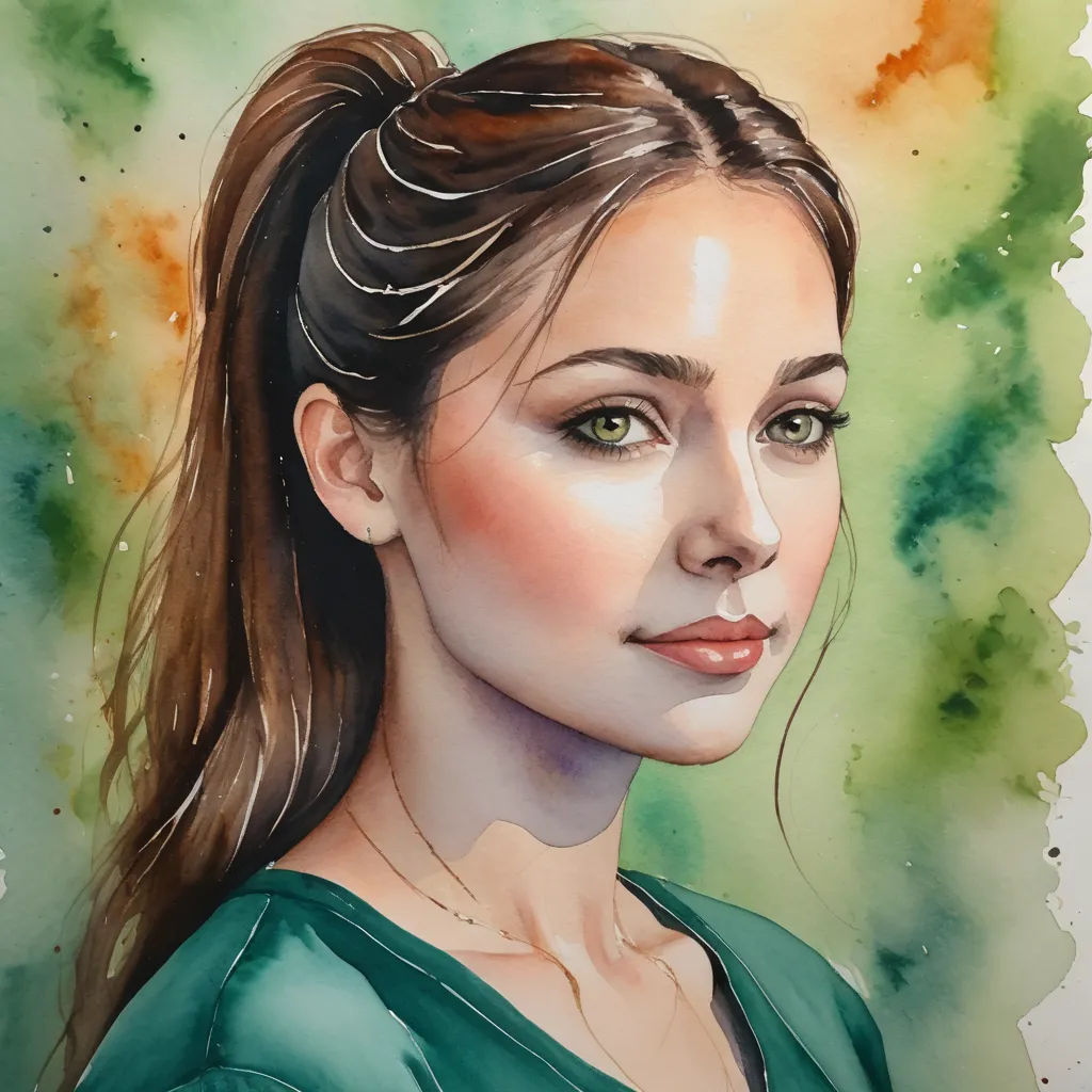 a painting of a woman with long hair and green eyeshadow, wearing a green shirt and green blouse, figurative art, a watercolor painting, Elina Karimova, watercolor