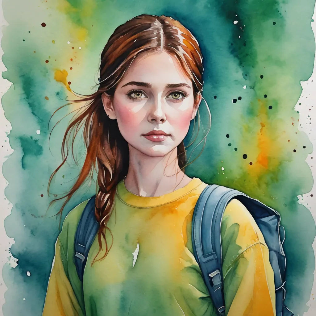 a painting of a girl with a backpack on her shoulder and a green background with yellow and blue spots, figurative art, a watercolor painting, Elina Karimova, watercolor