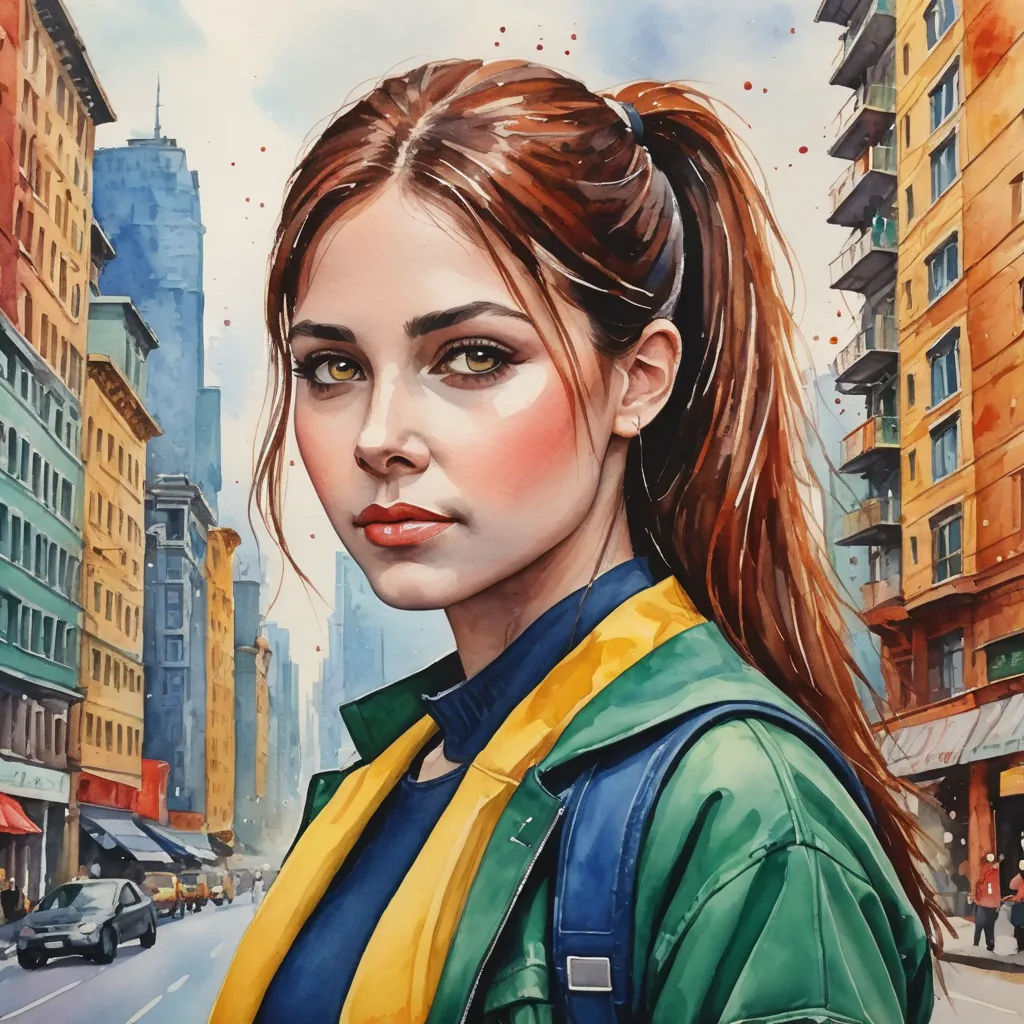 a painting of a woman in a green jacket and yellow scarf on a city street with buildings and cars, figurative art, a detailed painting, Artgerm, stanley artgerm lau