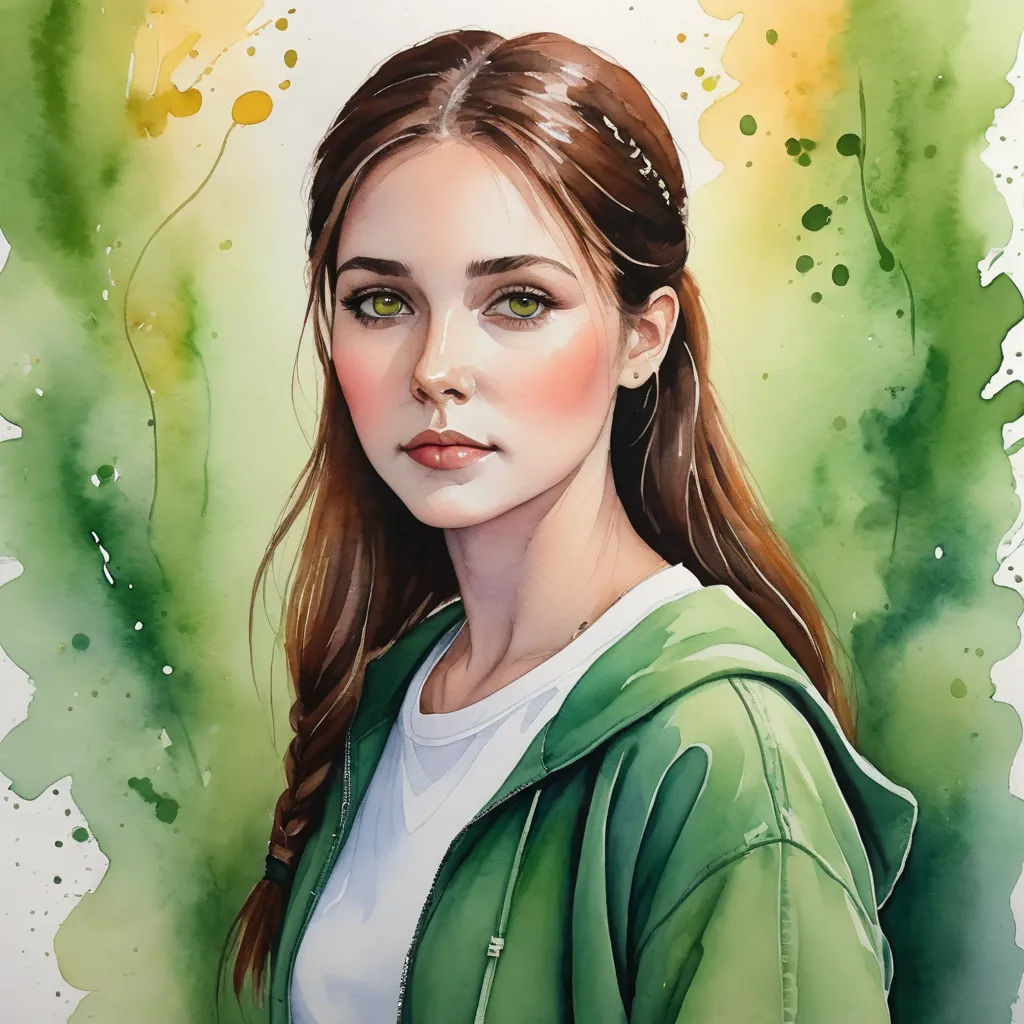 a painting of a girl with long hair and green eyes and a green jacket on her shoulders and a white t - shirt, figurative art, a watercolor painting, Artgerm, stanley artgerm lau