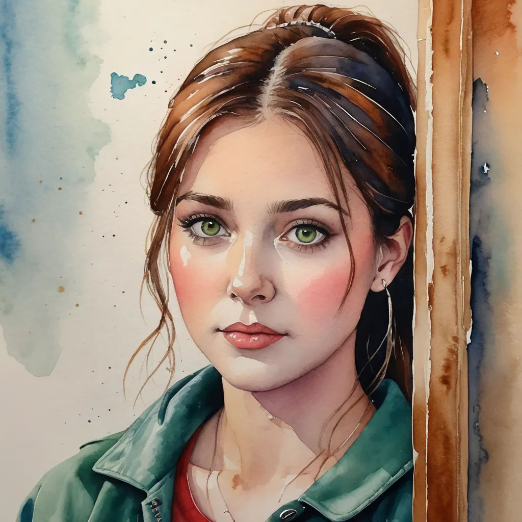 a painting of a woman with green eyes and a green jacket on, looking out a window, with a blue spot on her left side, figurative art, a watercolor painting, Elina Karimova, detailed painting