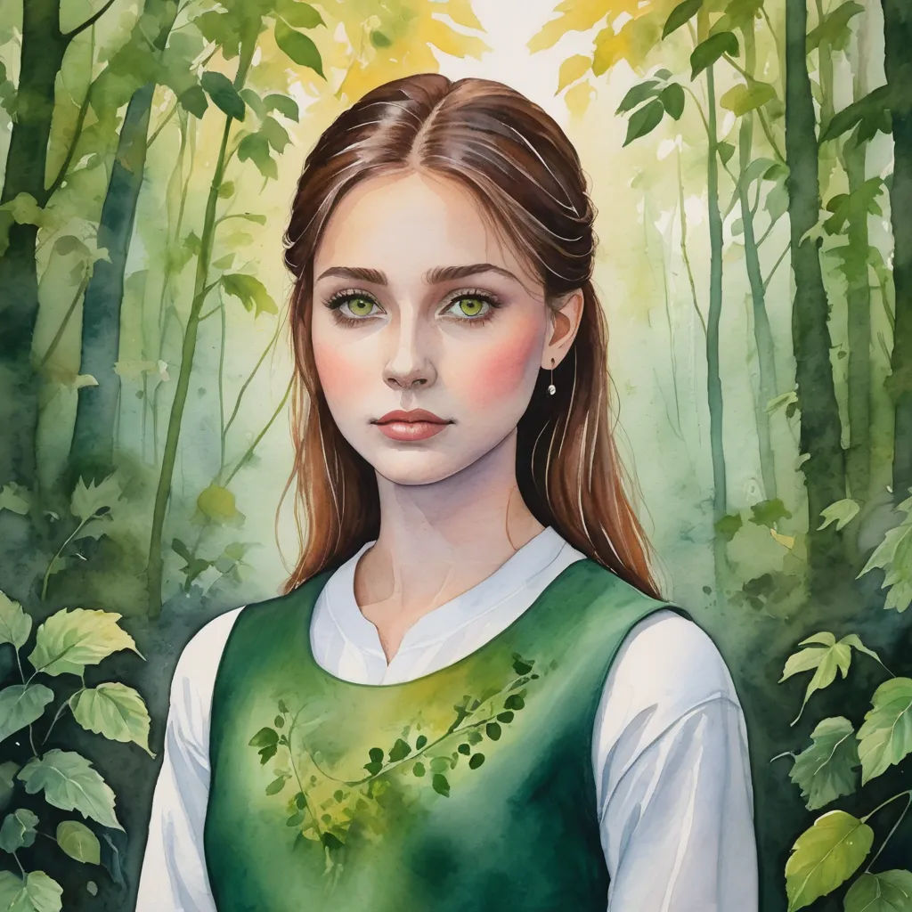a painting of a girl in a green dress in a forest with leaves on the ground and a green background, fantasy art, a detailed painting, Elinor Proby Adams, leesha hannigan