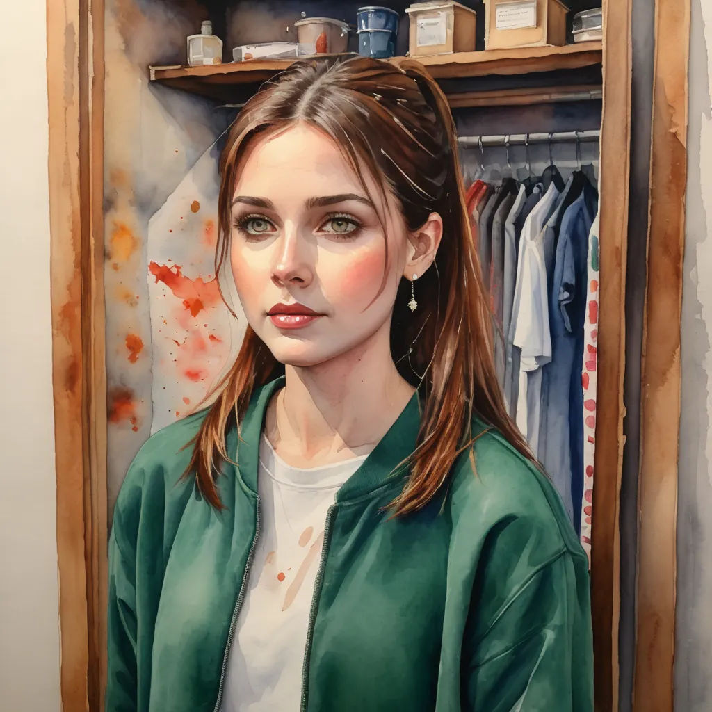 a painting of a woman in a green jacket in a closet with a shelf of clothes and a pair of earrings, figurative art, a photorealistic painting, Claire Hummel, in gouache detailed paintings
