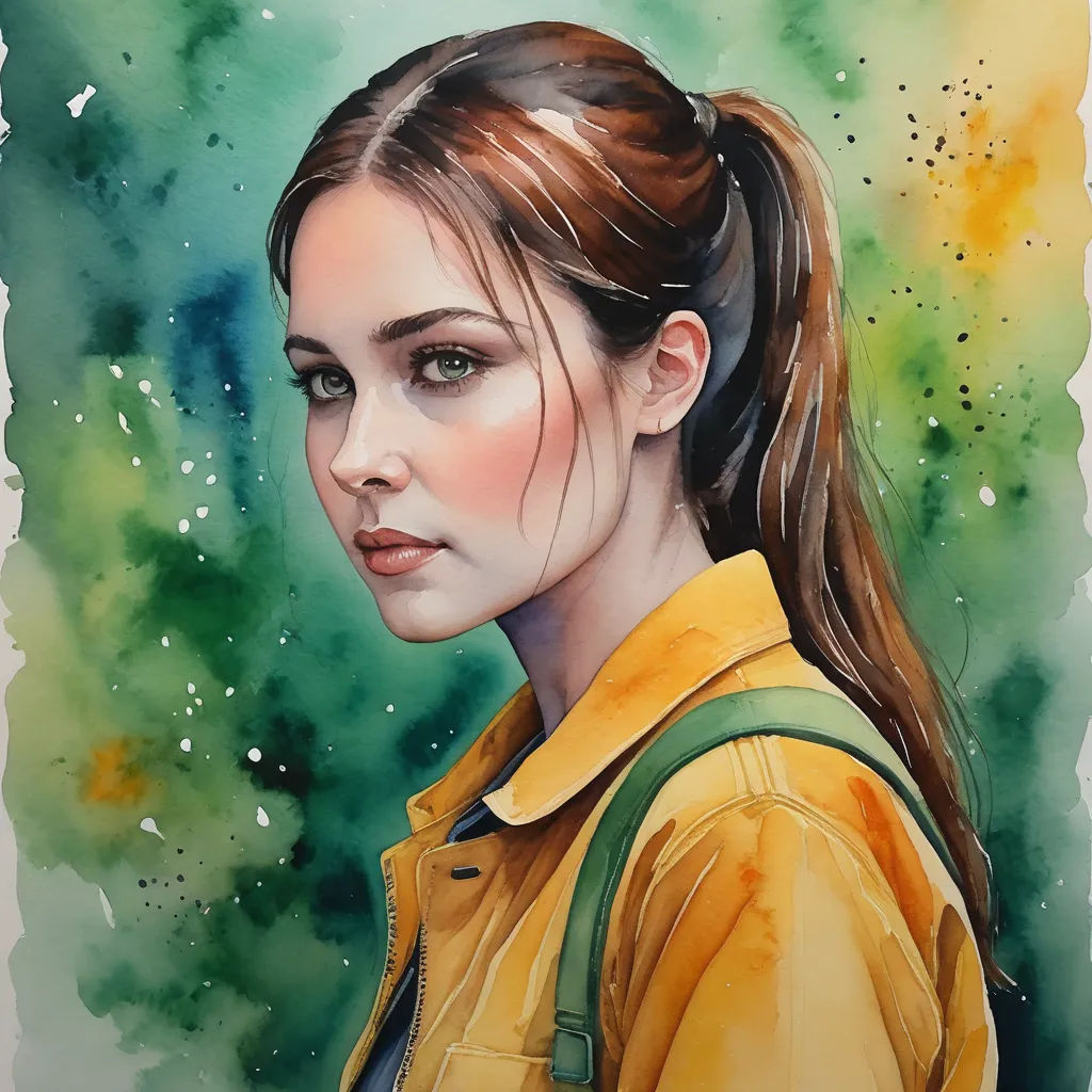 a painting of a woman with a ponytail in a yellow jacket and a green backpack on her shoulder and a green background, figurative art, a watercolor painting, Artgerm, watercolor
