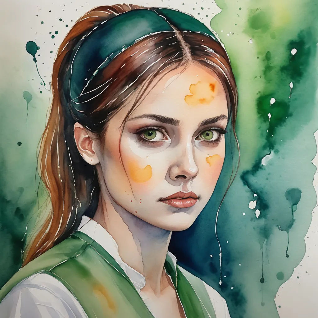 a painting of a woman with green hair and a green scarf on her head and a green background with watercolor spots, figurative art, a watercolor painting, Elina Karimova, watercolor