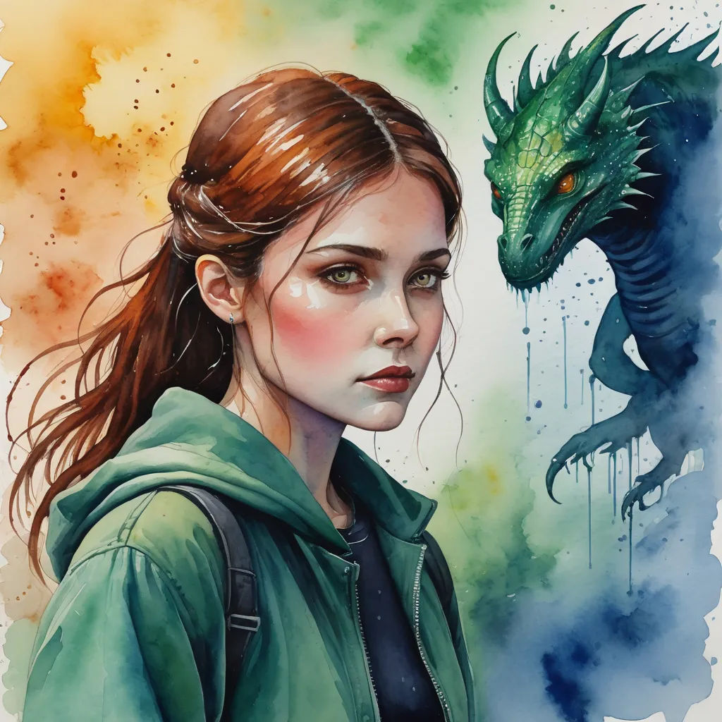 a painting of a girl and a dragon on a watercolor background with a splash of paint on the wall, fantasy art, a watercolor painting, Artgerm, dragon art