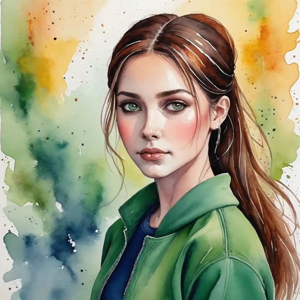 a painting of a woman with long hair and green jacket on a white background with watercolor stains and stains, figurative art, a watercolor painting, Elina Karimova, watercolor