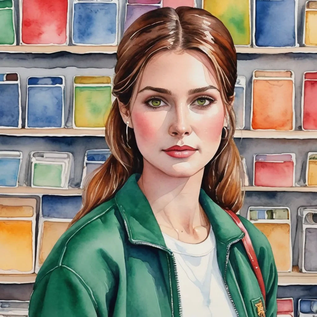 a painting of a woman in a green jacket in front of a shelf of colorful paint samples with a red purse, figurative art, a watercolor painting, Florence Engelbach, in gouache detailed paintings
