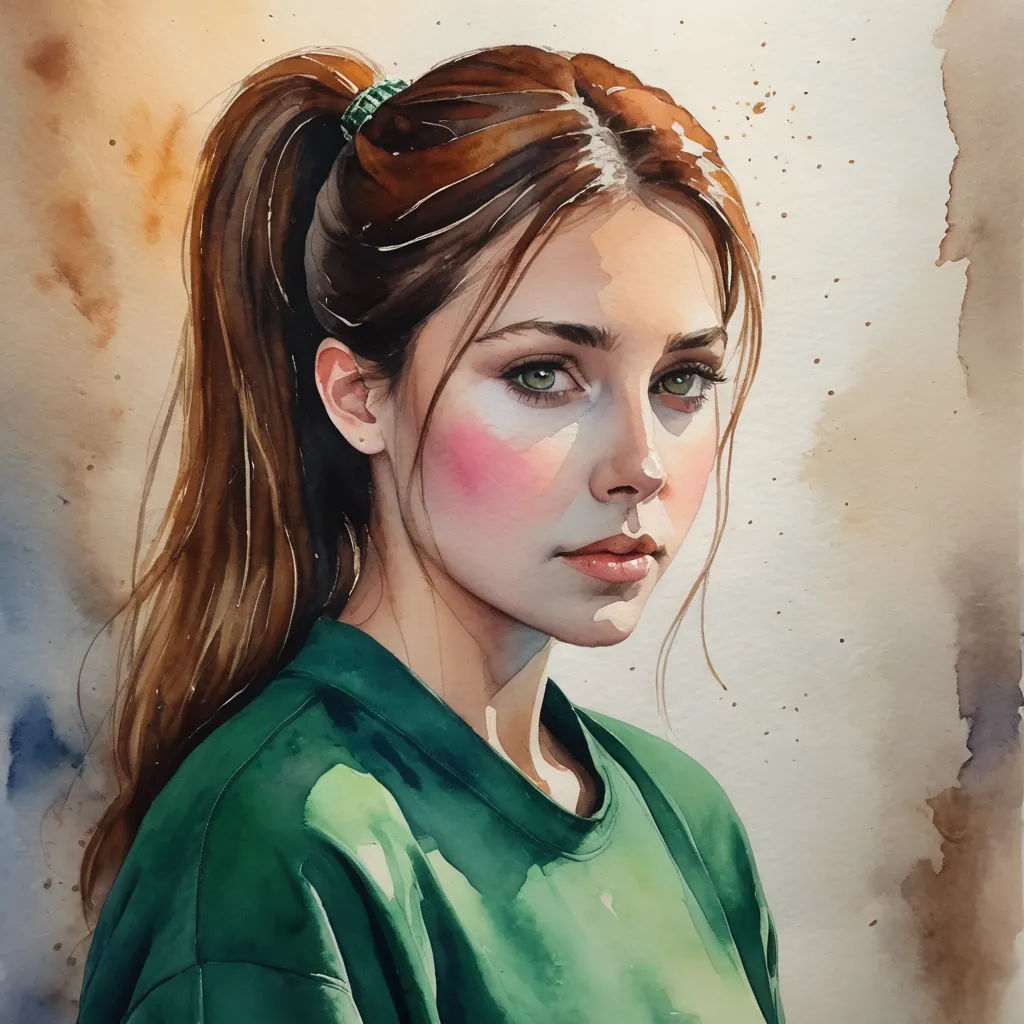 a painting of a woman with a ponytail and green shirt on, with a watercolor background and a spot of light, figurative art, a watercolor painting, Elina Karimova, stanley artgerm lau