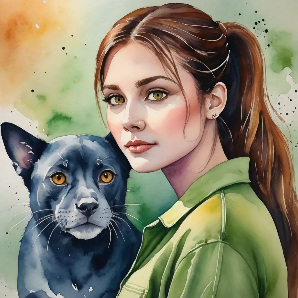 a painting of a woman holding a black cat and a green shirt with a yellow spot on it's chest, figurative art, a watercolor painting, Elina Karimova, watercolor