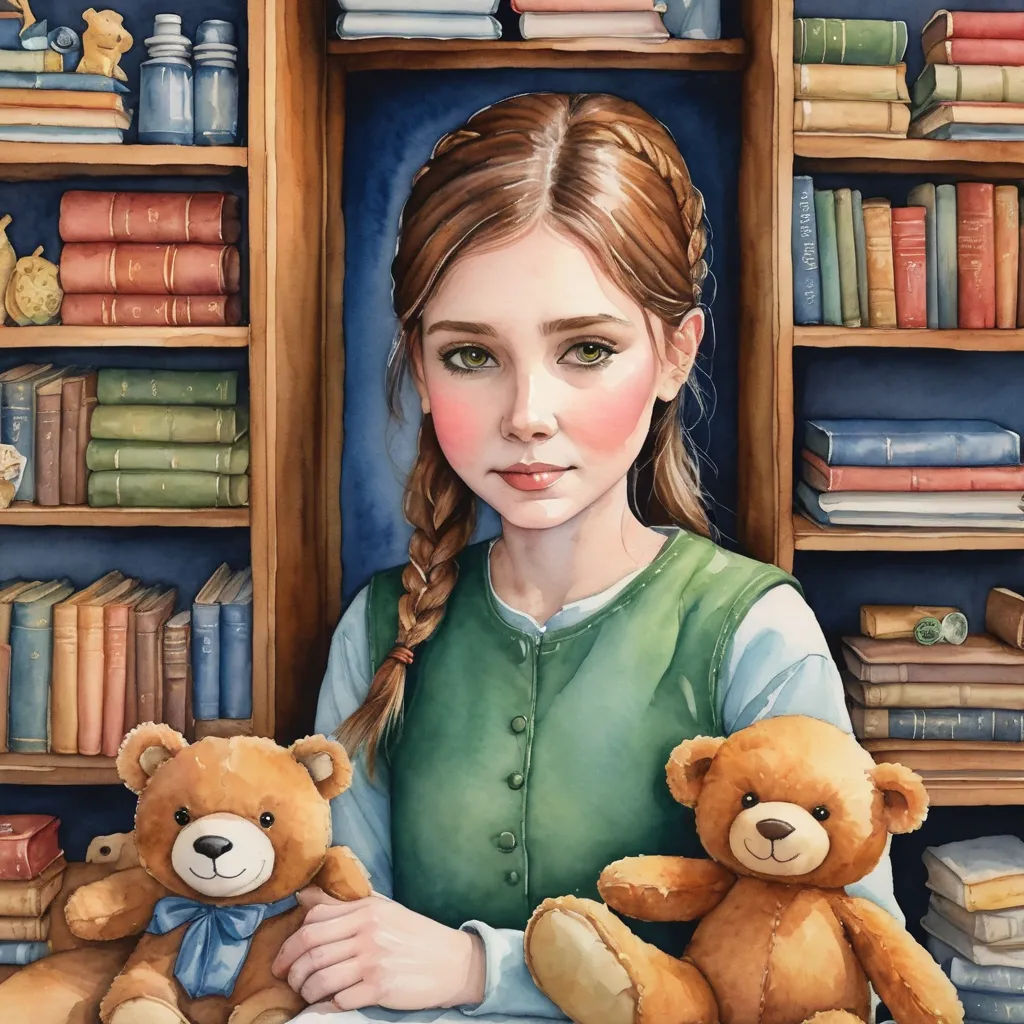 a painting of a girl holding a teddy bear in front of a bookshelf with books on the shelves, figurative art, a storybook illustration, Clarice Beckett, highly detailed digital painting