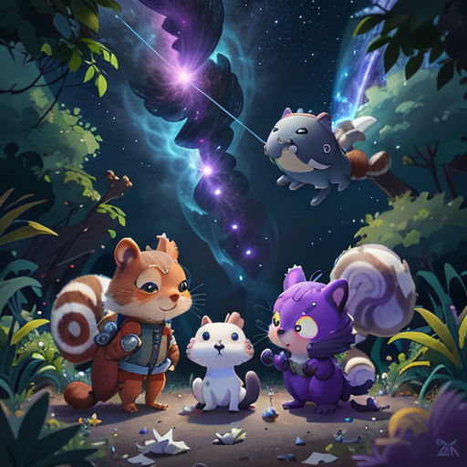 a group of animals standing in the middle of a forest under a night sky with stars and a shooting star