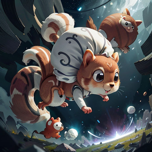 a squirrel flying through the air with another squirrel in the background and a space background with stars and planets