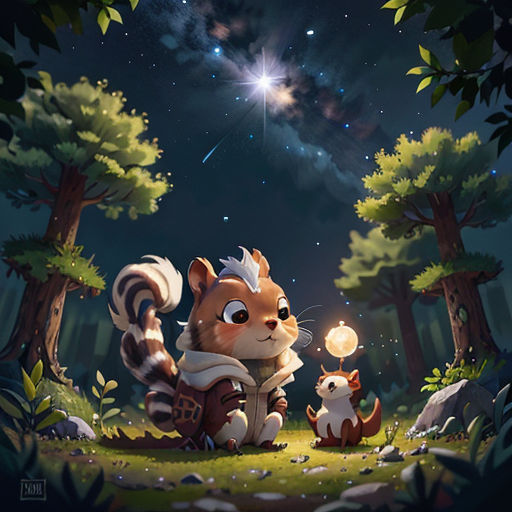 a painting of a squirrel and a squirrelling in the woods at night with a star in the sky